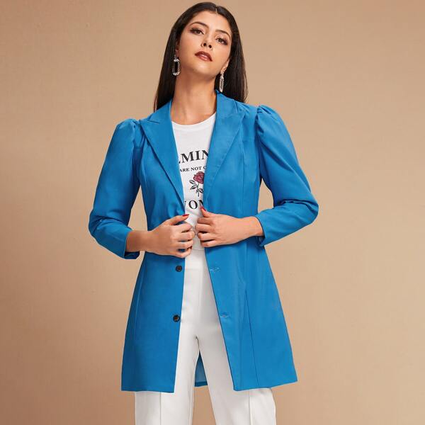 

Lapel Neck Puff Sleeve Blazer, Blue