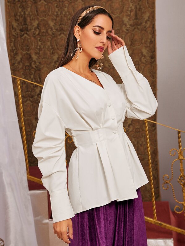 

V-neck Drop Shoulder Babydoll Blouse, White, Mary P.