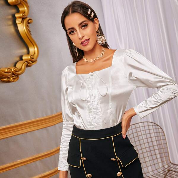 

Square Neck Tie Front Satin Blouse, White