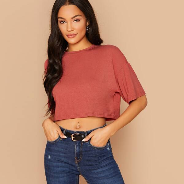 

Drop Shoulder Crop Top, Red
