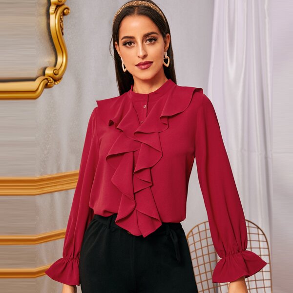 

Ruffle Trim Flounce Sleeve Blouse, Red