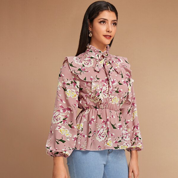 

Floral Print Tie Front Babydoll Blouse, Multicolor