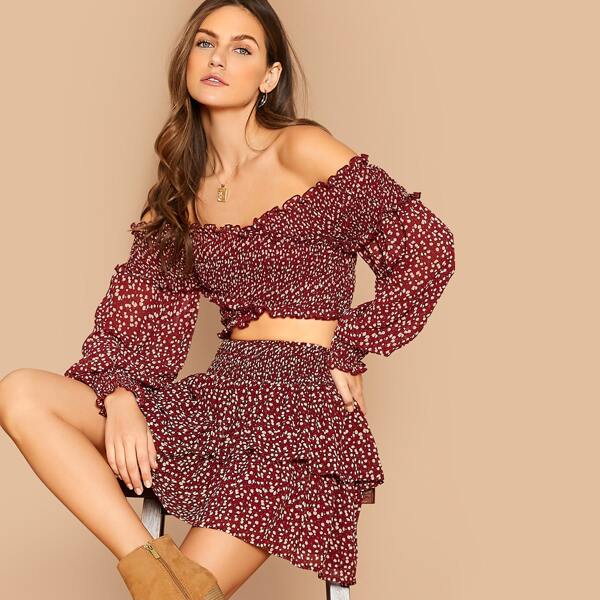

Frill Trim Ditsy Floral Bardot Top & Layered Skirt Set, Burgundy