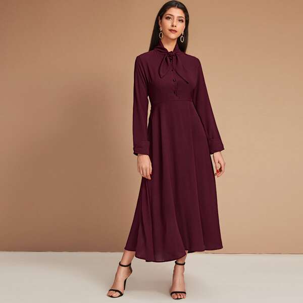 

Tie Neck Flare Hem Shirt Dress, Burgundy