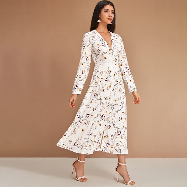 

Deep V-neck Floral Print A-line Dress, White