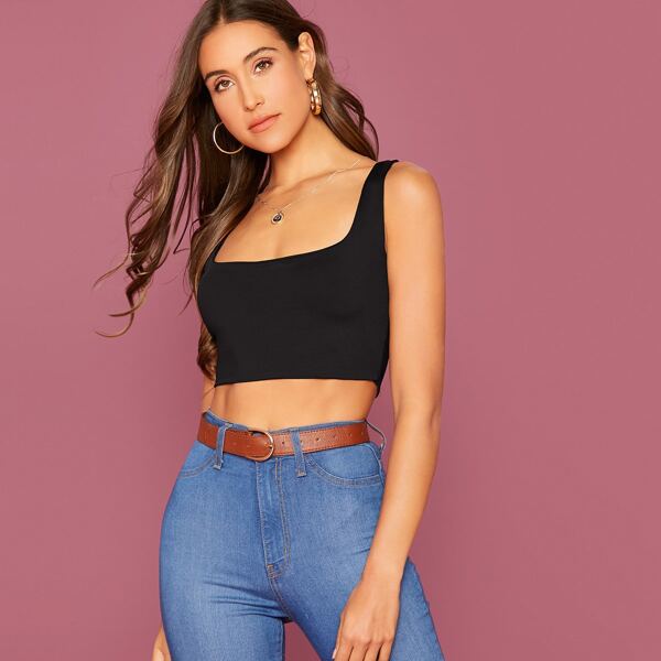 

Solid Crop Tank Top, Black