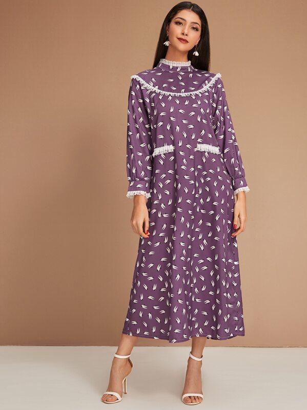 

Allover Graphic Contrast Lace Tunic Dress, Purple, Taina