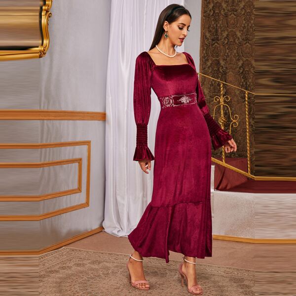 

Tribal Embroidered Velvet A-line Dress, Burgundy
