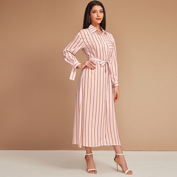 

Striped Self Tie Shirt Dress, Pink