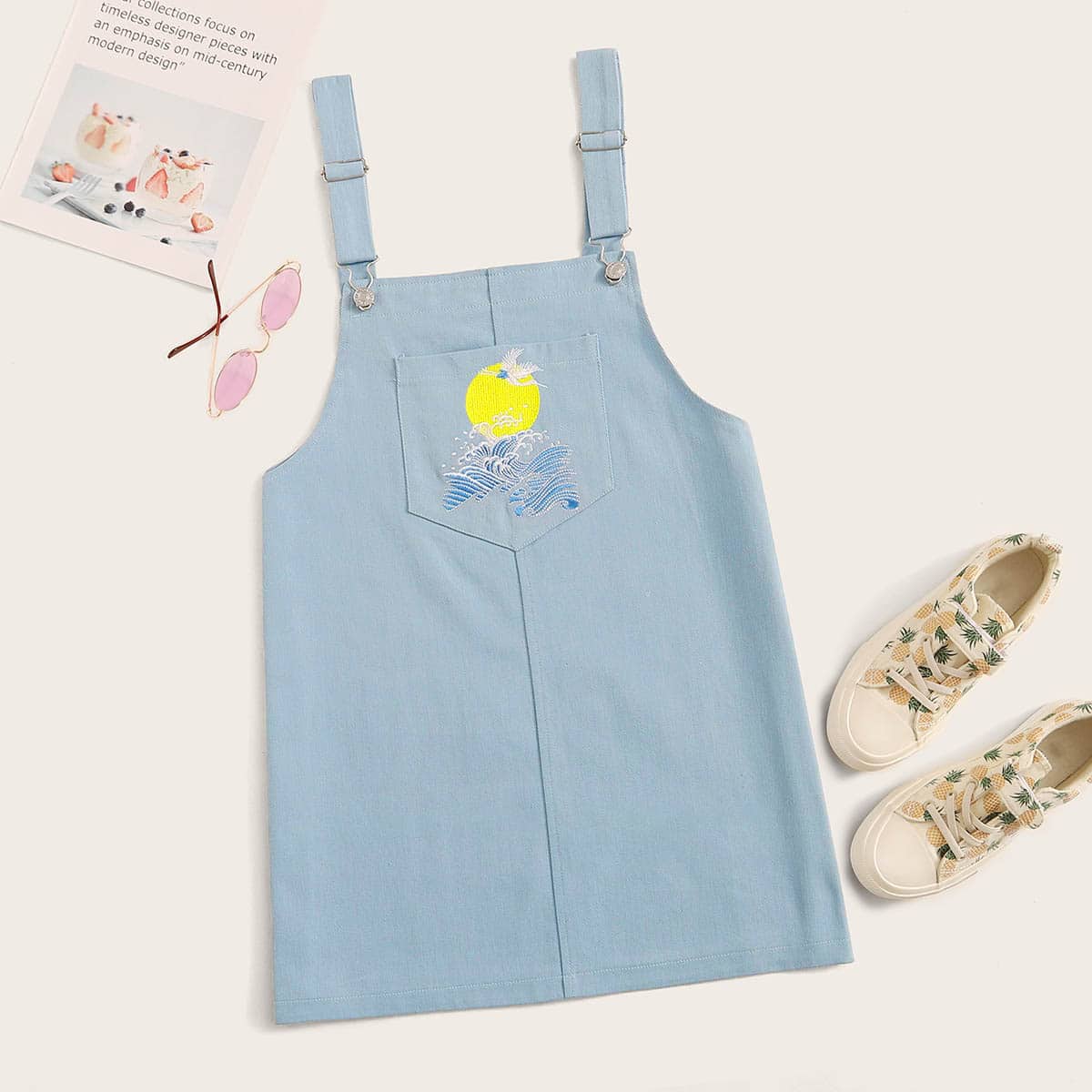 

Embroidery Pocket Front Pinafore Dress, Blue pastel