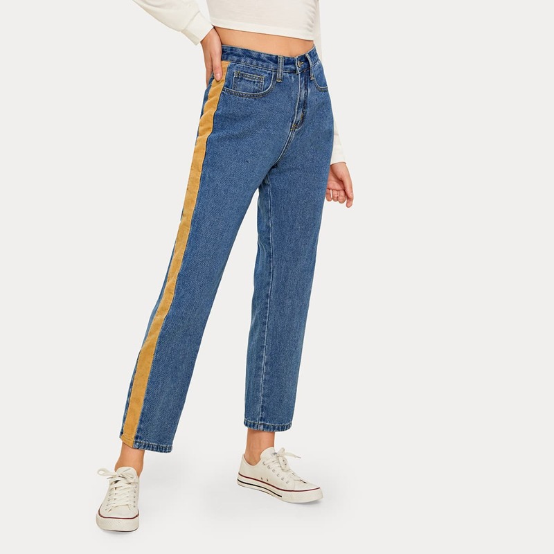 

Contrast Tape Straight Leg Mom Jeans, Blue