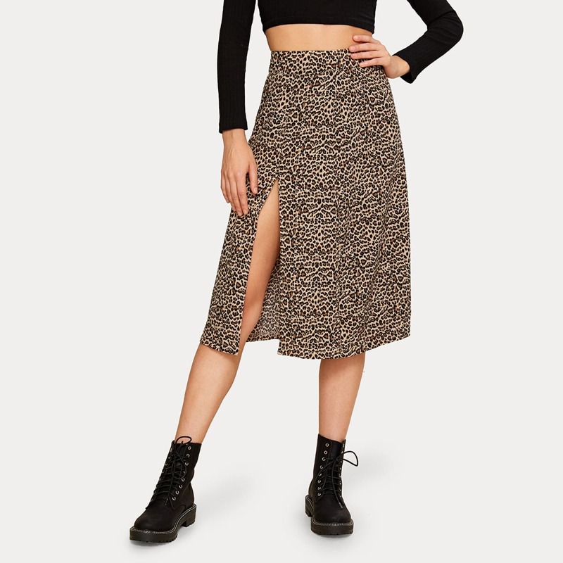 

Leopard Print Split Thigh Skirt, Multicolor