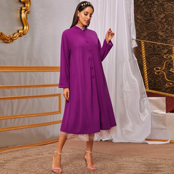 

Mock Neck Button Through Swing Coat, Purple
