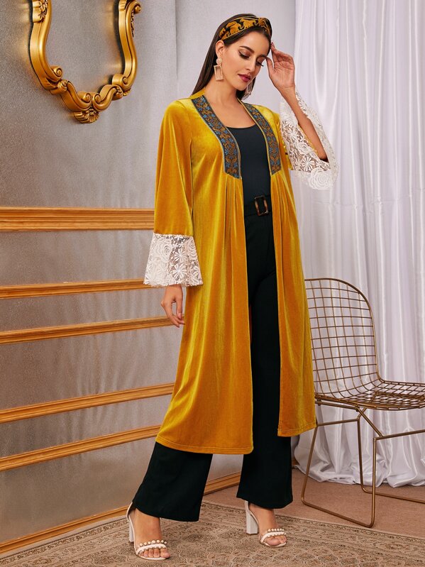 

Contrast Lace Tribal Embroidered Velvet Coat, Yellow, Mary P.