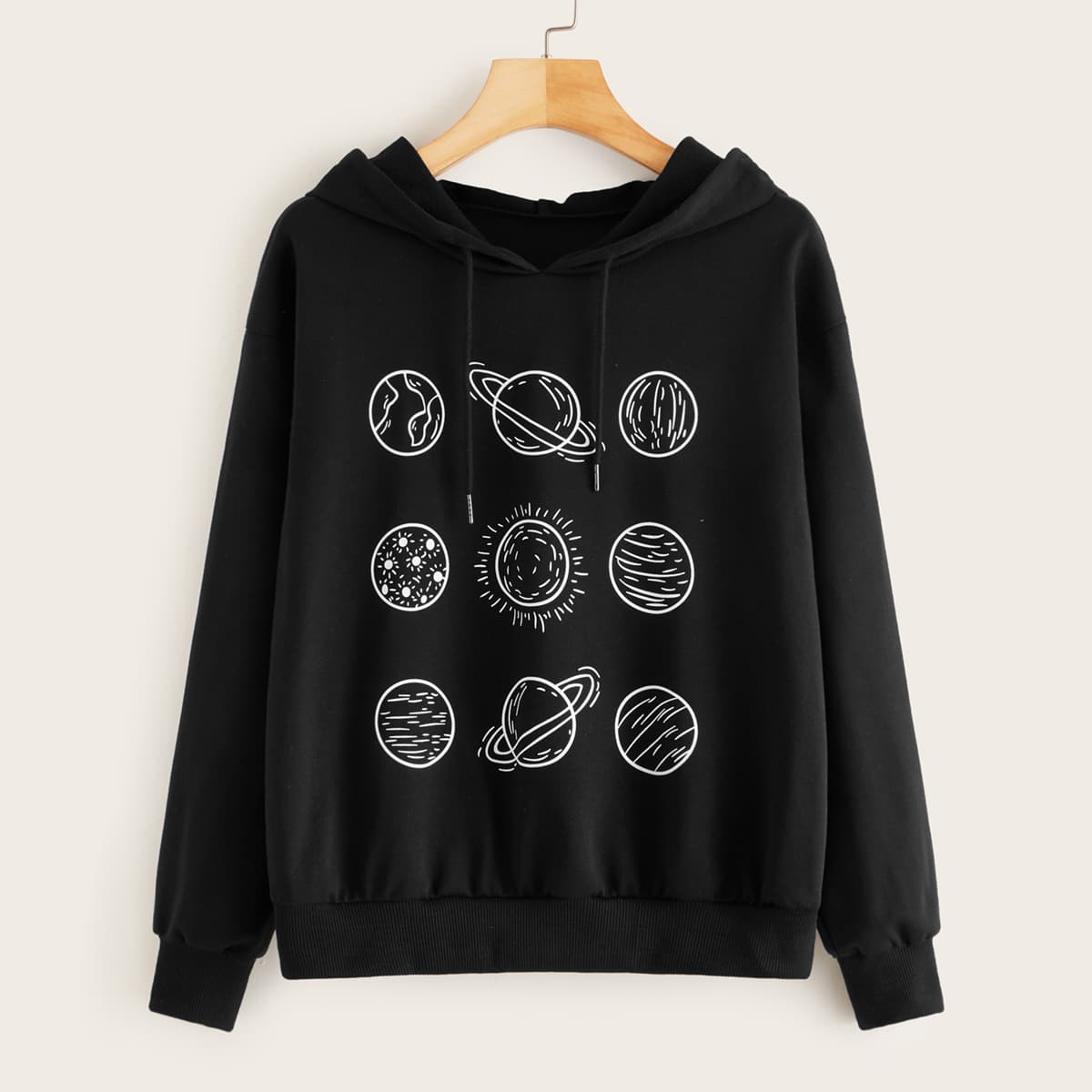 

Planet Print Drawstring Hoodie, Black