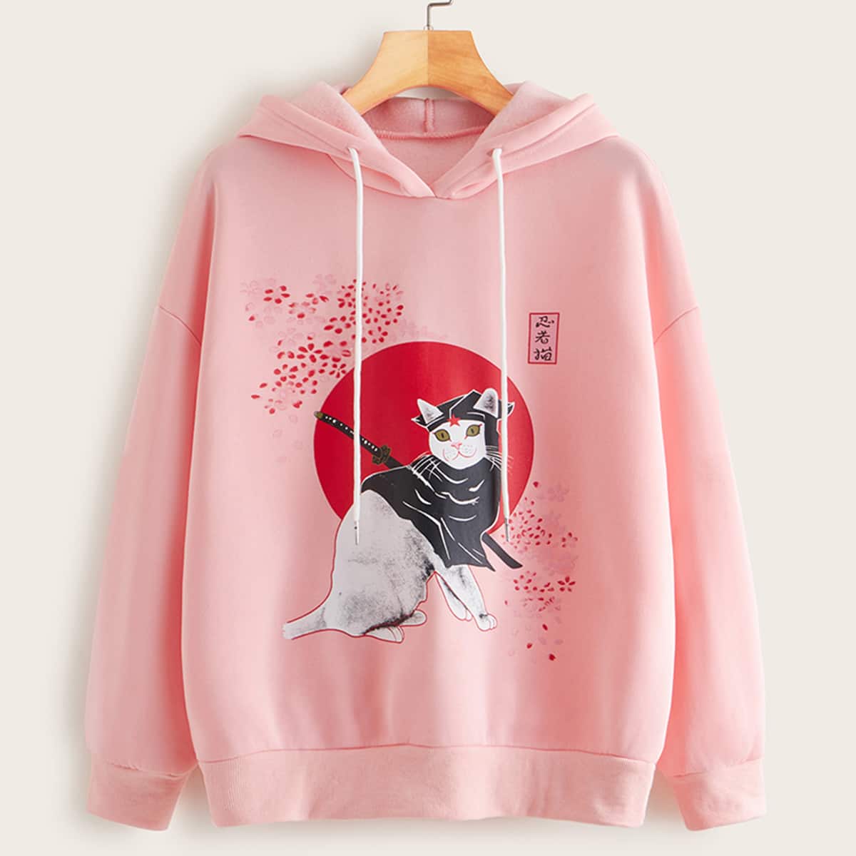 

Cat Print Drop Shoulder Drawstring Hoodie, Pink