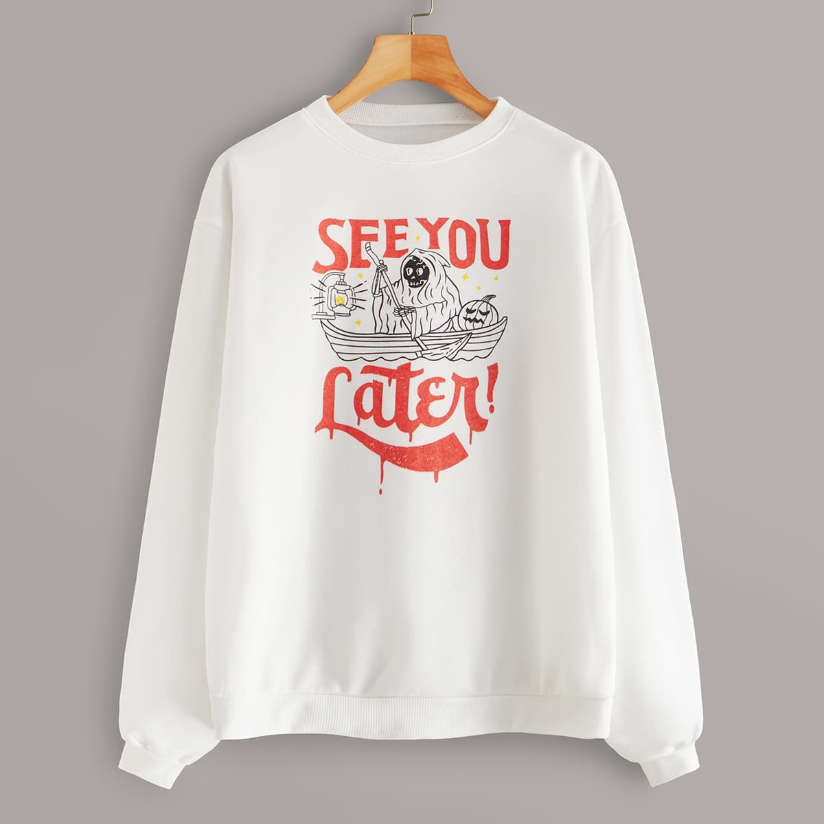 

Halloween & Letter Graphic Crew Collar Sweatshirt, White