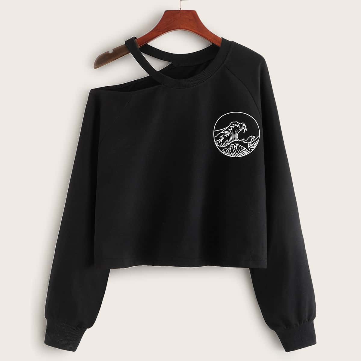 

Graphic Print Asymmetrical Neck Sweatshirt, Black