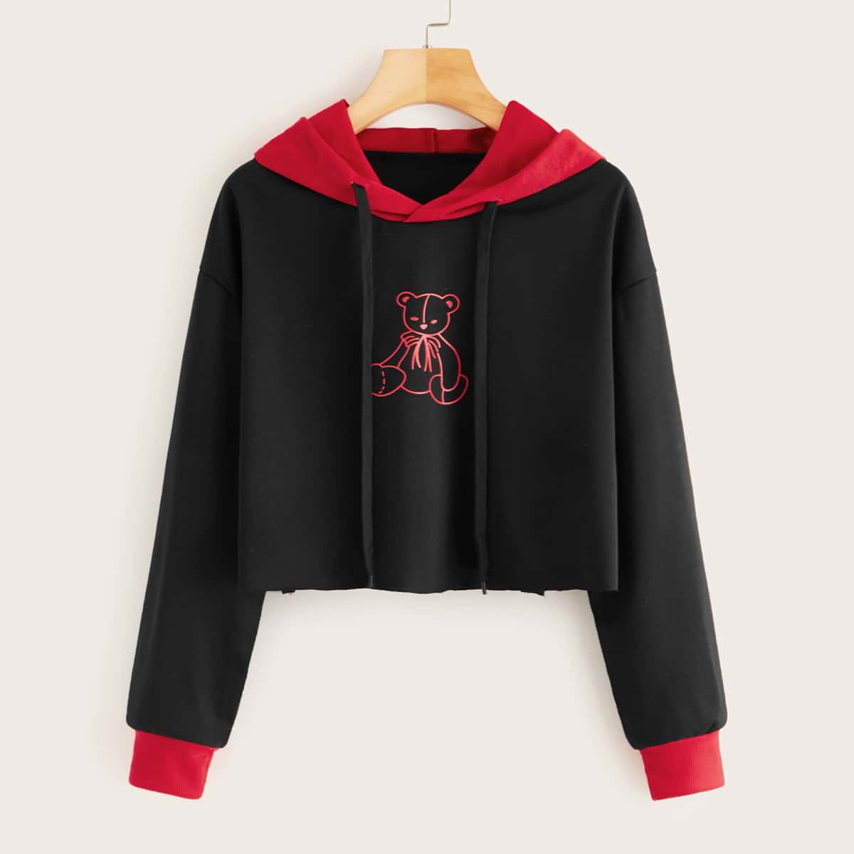 

Contrast Panel Bear Print Drawstring Hoodie, Black