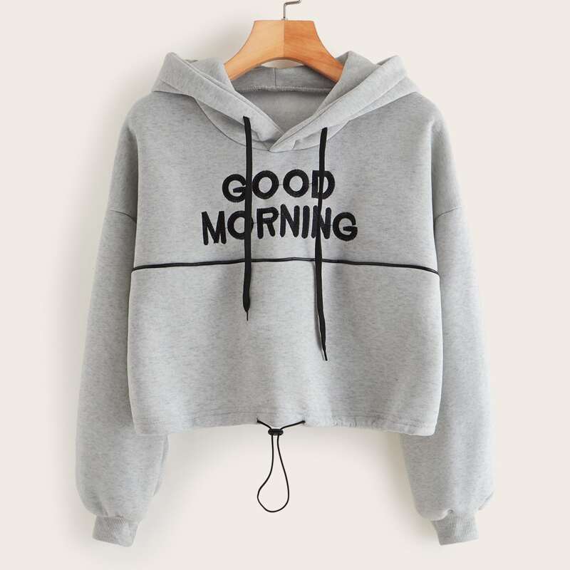 

Slogan Embroidery Drawstring Hem Hoodie, Grey