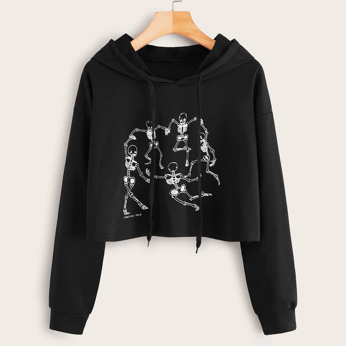 

Halloween Print Drawstring Crop Hoodie, Black