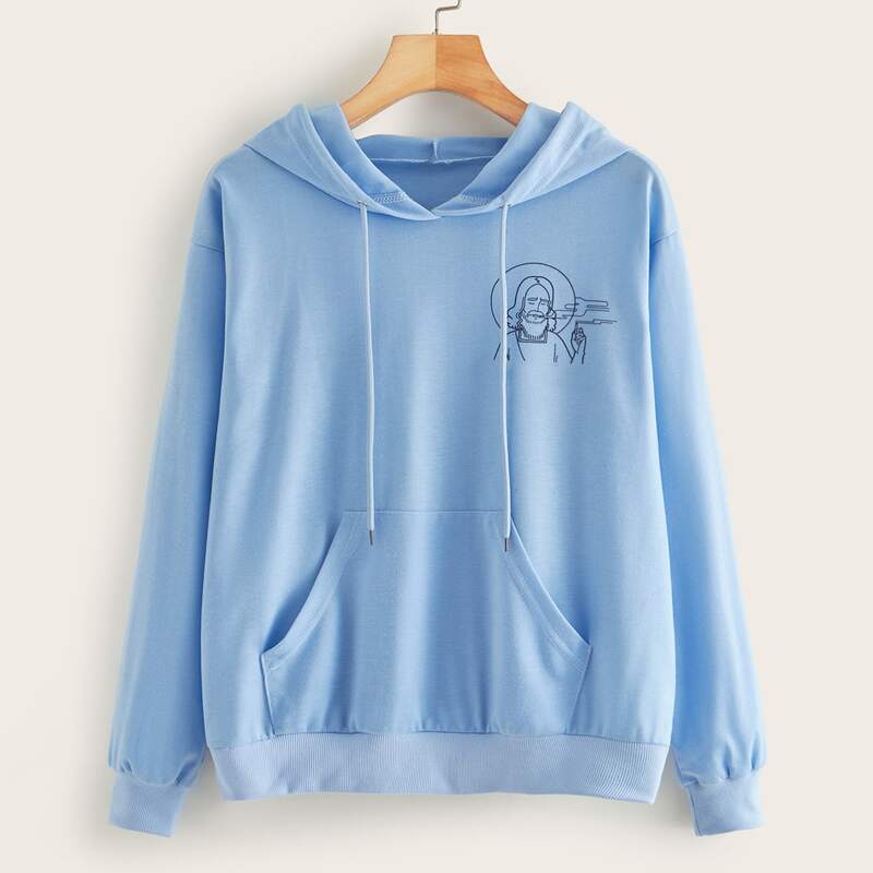 

Figure Graphic Kangaroo Pocket Drawstring Hoodie, Blue pastel