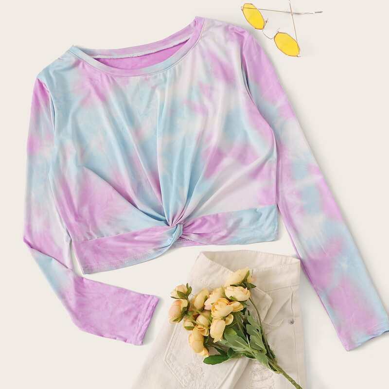 

Tie Dye Twist Front Crop Tee, Multicolor