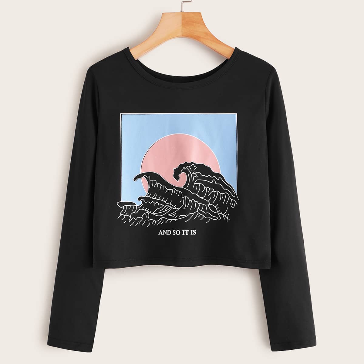 

Graphic Print Long Sleeve Tee, Black