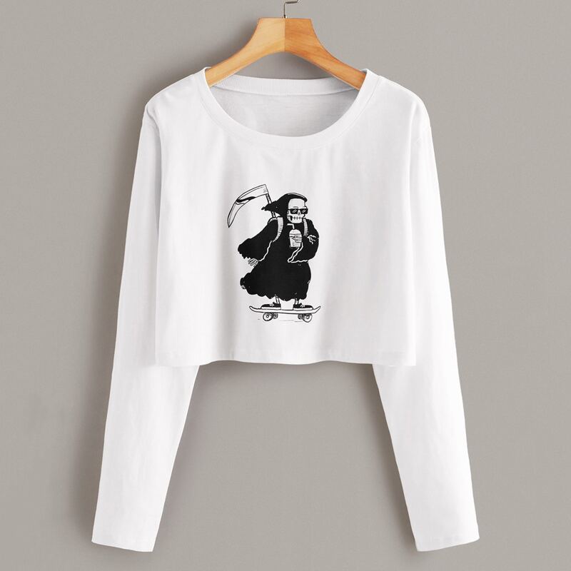 

Halloween Print Long Sleeve Crop Tee, White
