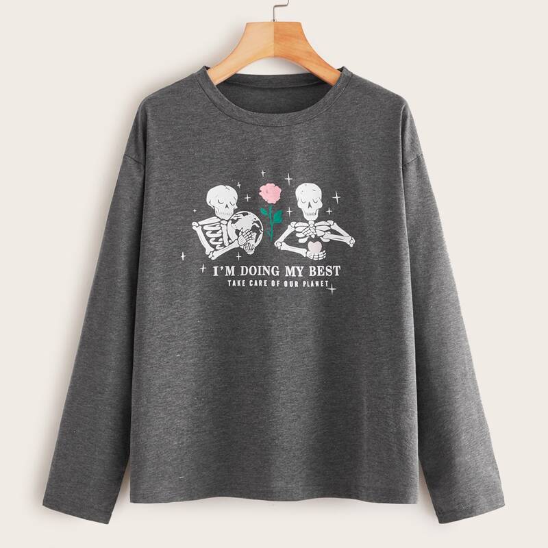 

Halloween & Slogan Graphic Long Sleeve Tee, Grey