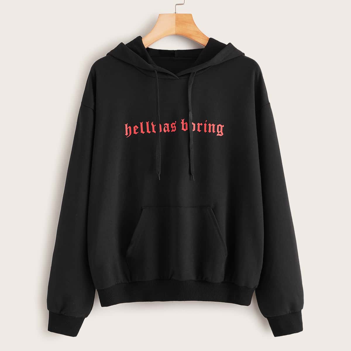 

Slogan Graphic Kangaroo Pocket Drawstring Hoodie, Black