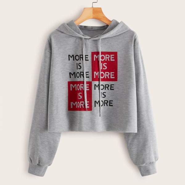 

Slogan Graphic Drawstring Hoodie, Grey
