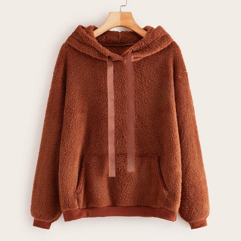 

Solid Kangaroo Pocket Drawstring Teddy Hoodie, Brown