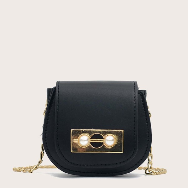 

Girls Faux Pearl Decor Saddle Bag, Black