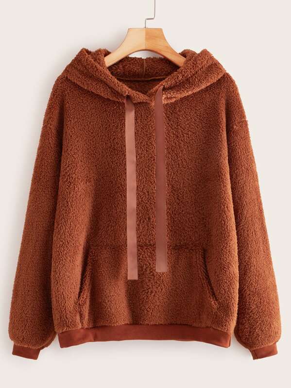 

Solid Kangaroo Pocket Drawstring Teddy Hoodie, Brown