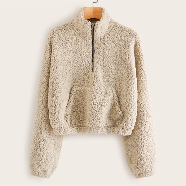 

Half Zip Kangaroo Pocket Teddy Sweatshirt, Beige pastel
