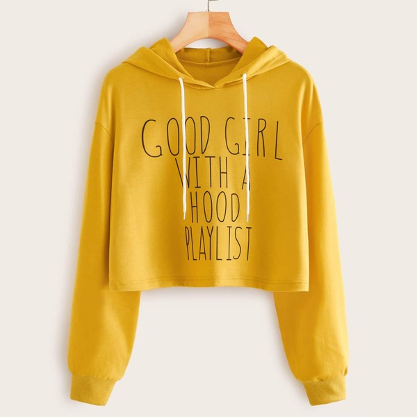 

Slogan Graphic Drawstring Crop Hoodie, Yellow