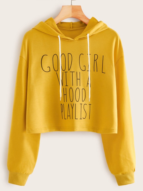 

Slogan Graphic Drawstring Crop Hoodie, Yellow