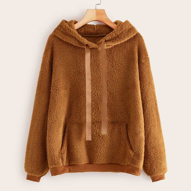 

Solid Kangaroo Pocket Drawstring Teddy Hoodie, Brown