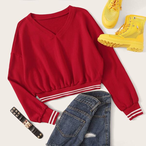 

V-neck Striped Trim Sweatshirt, Red