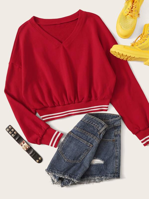 

V-neck Striped Trim Sweatshirt, Red
