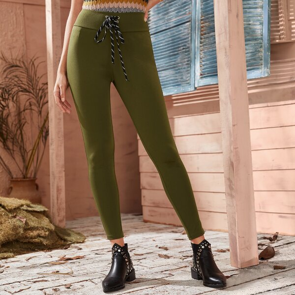 

Solid Lace Up Waist Skinny Leggings, Army green