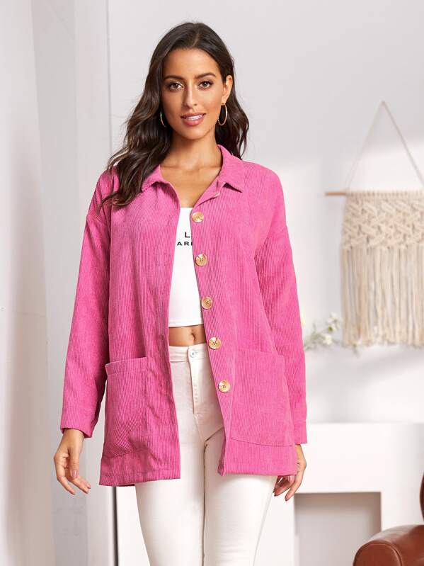 

Corduroy Single Breasted Dual Pockets Coat, Pink, Mary P.