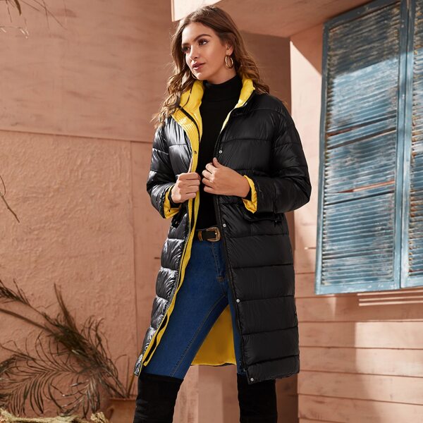 

Flap Pocket Zipper Puffer Coat, Black