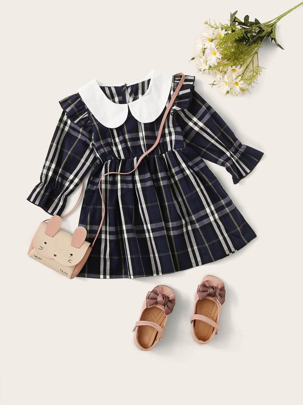 

Baby Girl Contrast Peter Pan Collar Tartan Dress Without Bag, Navy