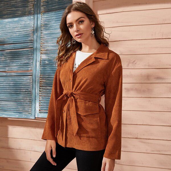 

Corduroy Lapel Neck Flap Pocket Belted Coat, Brown