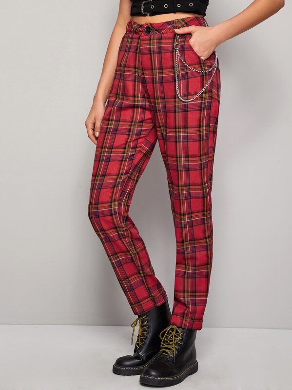 

Chain Button Fly Slant Pocket Tartan Pants, Red, Rasa
