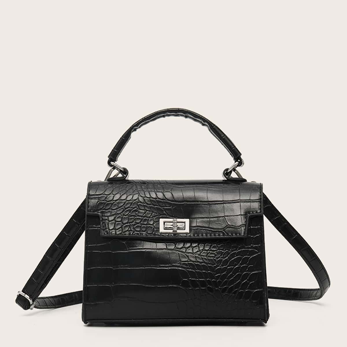 

Croc Embossed Twist Lock Satchel Bag, Black