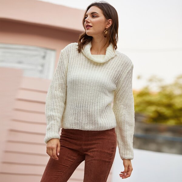 

Cowl Neck Solid Ribbed Knit Sweater, White