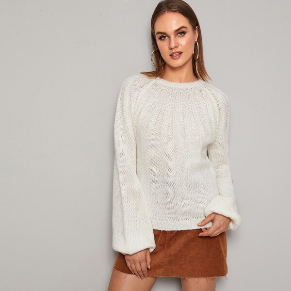 

Bishop Sleeve Ribbed Knit Sweater, White